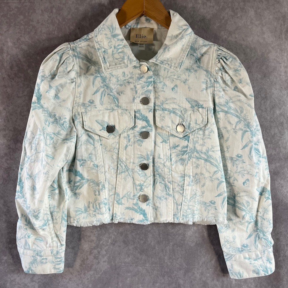 Elie‎ Tahari Denim Jacket Womens XS White Blue Floral Toile Puff Sleeve Cropped